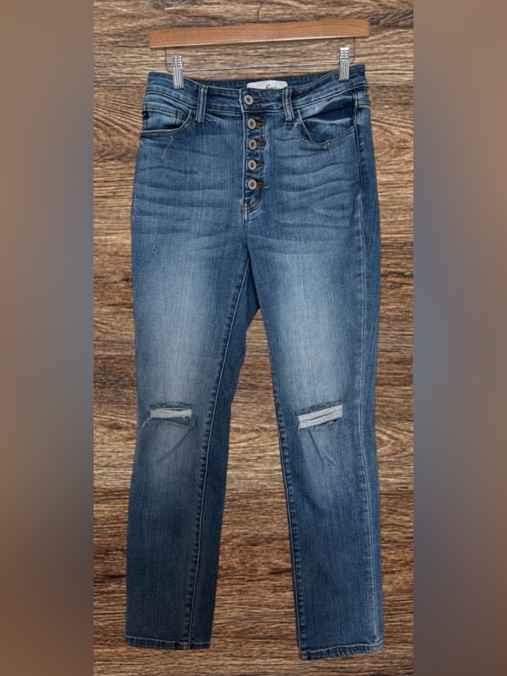 High-Rise Button-Fly Distressed Women’s Jeans - Blue